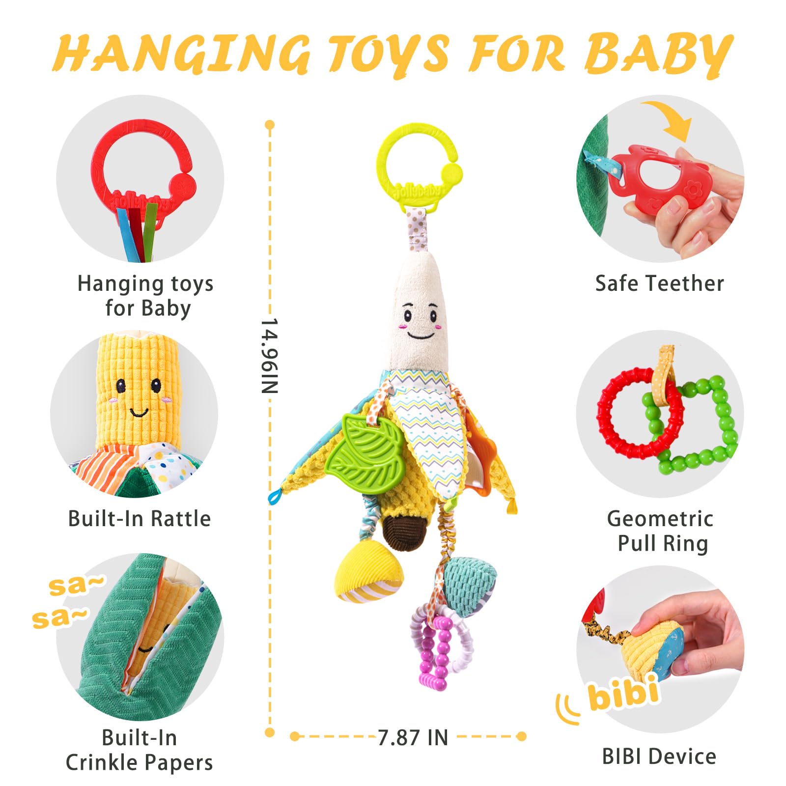 Jollybaby Stroller Rattle Toys for Car Seat Parm, Fruit Plush Hanging Infant Crib Bed Travel Activity Ring Bell with Crinkle, Squeaky & Teether for Boys Girls(Banana)