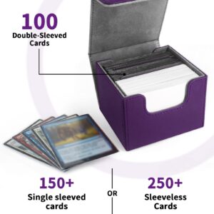 ZLCA Card Deck Box with 2 Dividers for MTG Cards, Large Horizontal Card Storage Box Fits 150+ Single Sleeved Cards, PU Leather Commander Deck box for TCG CCG (Purple)