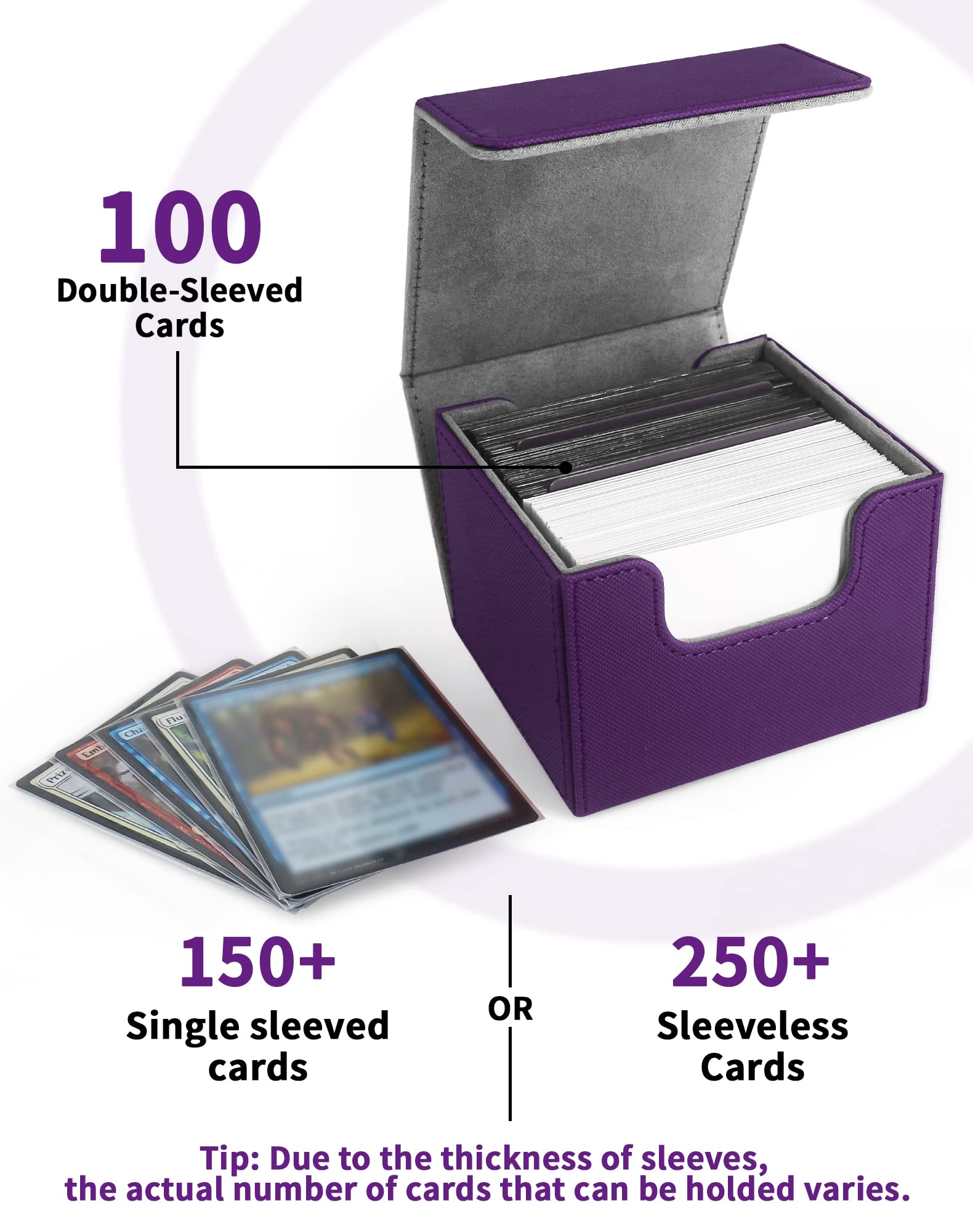 ZLCA Card Deck Box with 2 Dividers for MTG Cards, Large Horizontal Card Storage Box Fits 150+ Single Sleeved Cards, PU Leather Commander Deck box for TCG CCG (Purple)