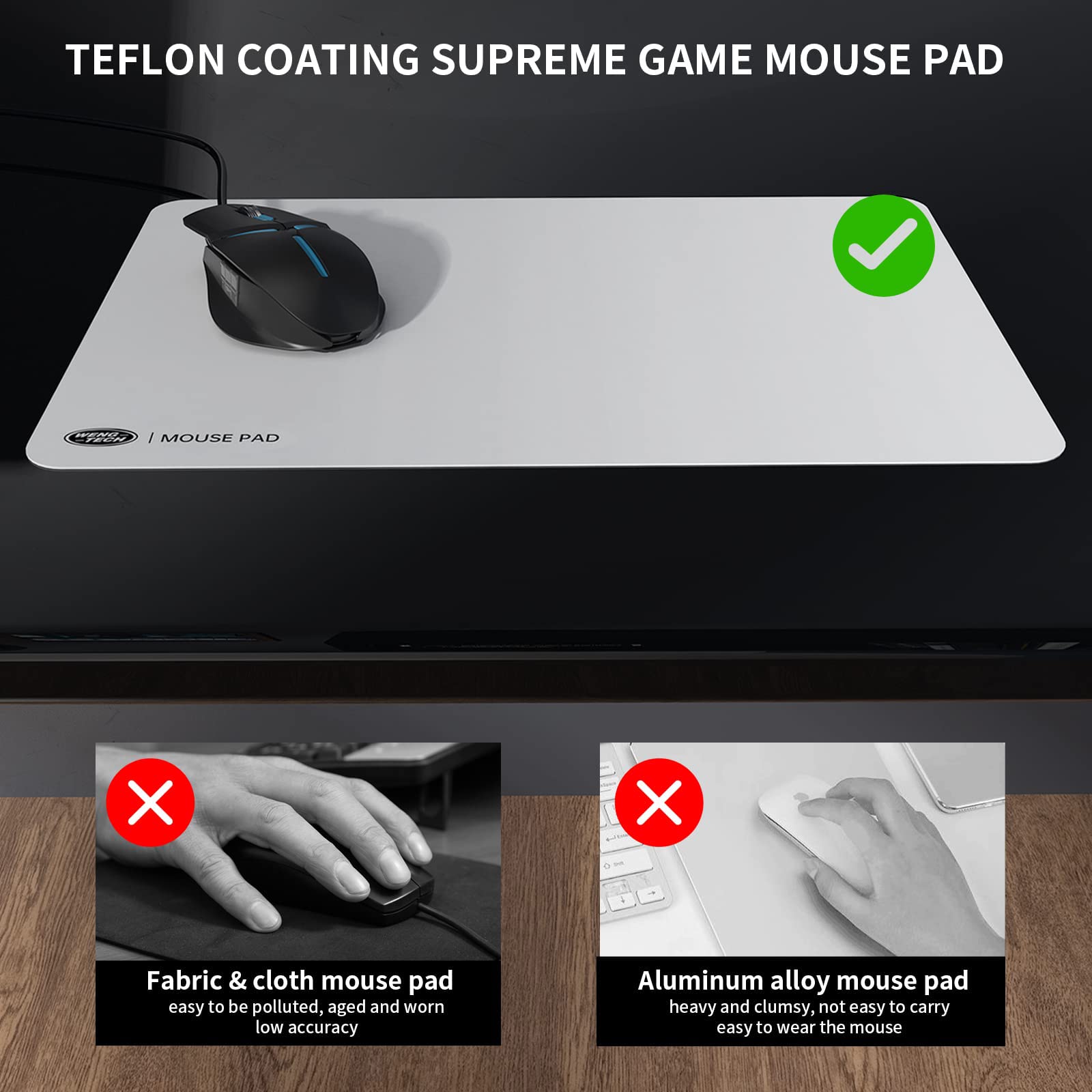 WengTech Teflon Coating Gaming Mouse Pad - Optimized for Gaming Sensor, Precise Positioning, Ultra-Thin, Stable Output, Non-Slip, Waterproof (Classic White, 13.7x9.4x0.02 inches)