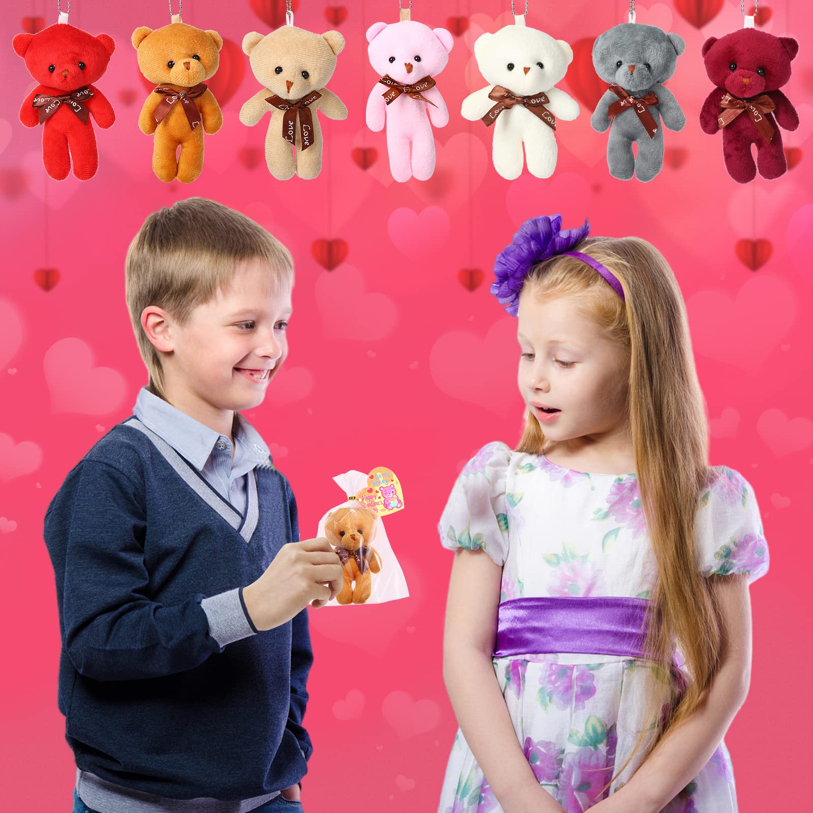 Tedyle 28PCS Valentines Day Gift Cards for Kids with Bear Plush Toys,Mini Stuffed Animal Plush Toys Keychains for Valentines Party Favor Supplies,Classroom Exchange,Game Prizes,Gift for boys girls