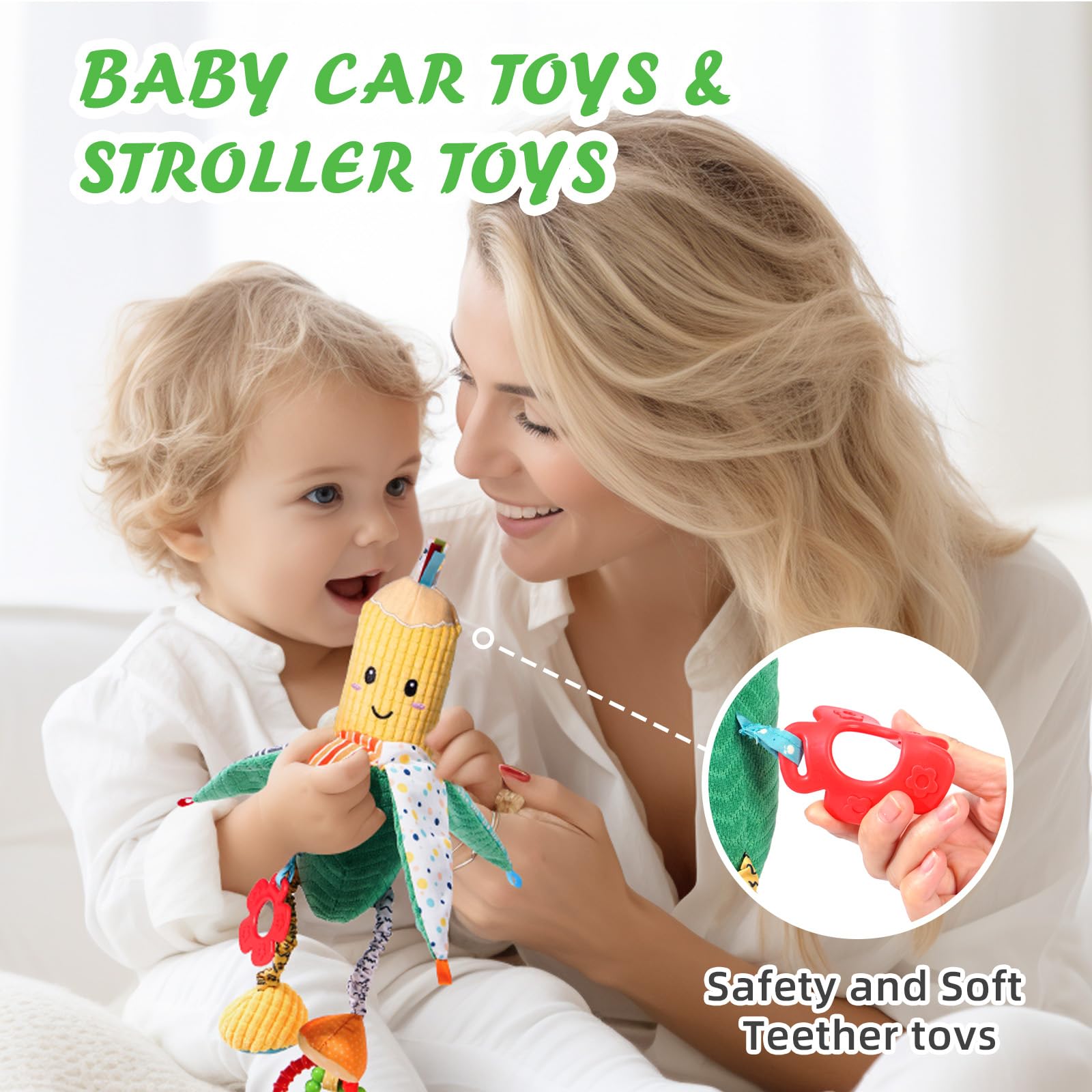 Jollybaby Baby Rattles Hanging Toys for Car Seat Crib Stroller Gym, Montessori Sensory Plush Vegetable Toys for Baby 0-3-6-12 Months with Ring Bell Crinkle and Teether, Newborn