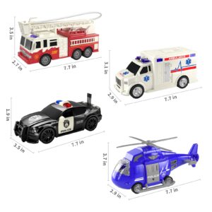 TEMI 4 Pack Emergency Vehicles for Kids, Helicopter, Police Car, Fire Truck, Ambulance Friction Powered Toys for Toddlers, Gifts for Age 3-12 Boys Girls