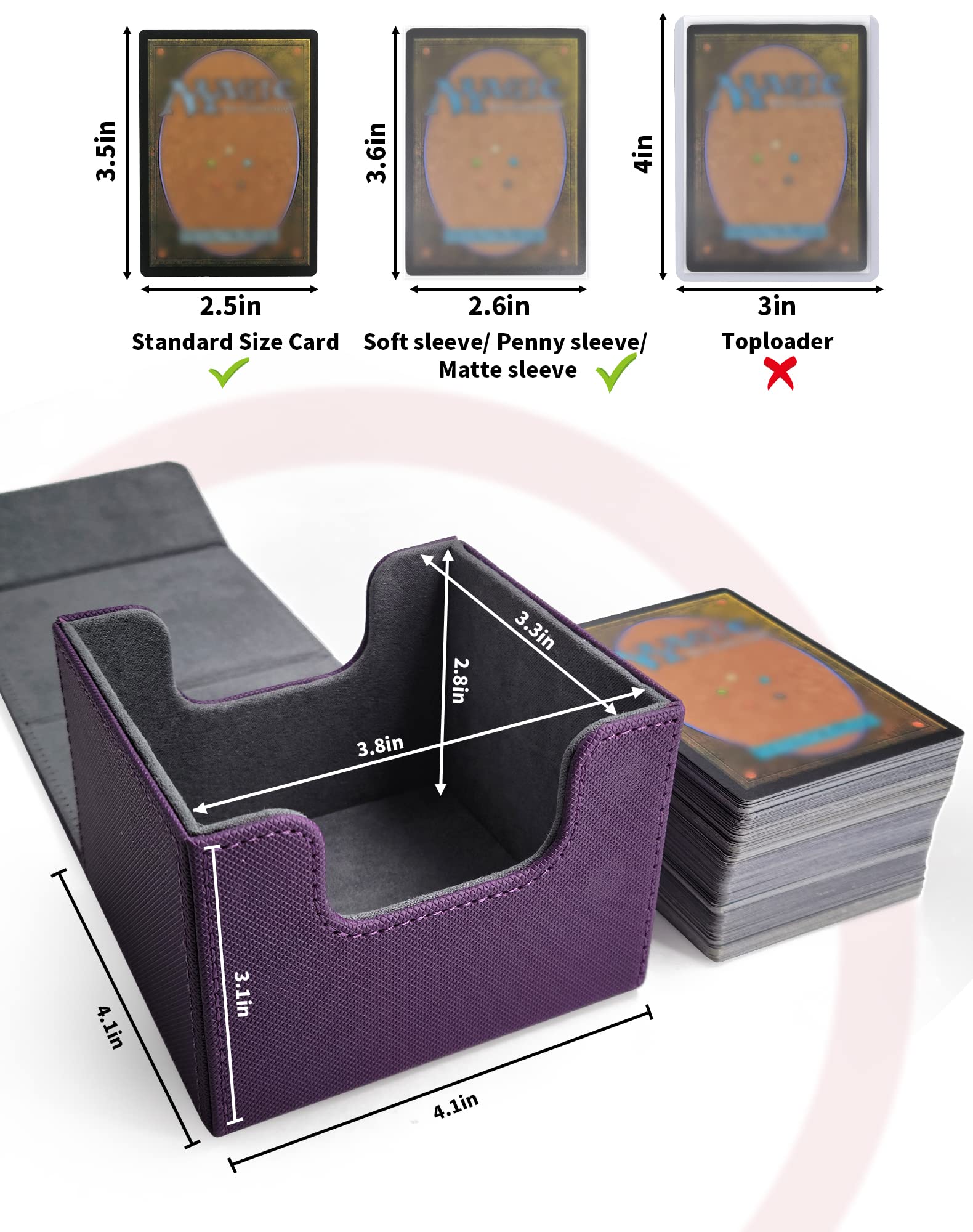 ZLCA Card Deck Box with 2 Dividers for MTG Cards, Large Horizontal Card Storage Box Fits 150+ Single Sleeved Cards, PU Leather Commander Deck box for TCG CCG (Purple)