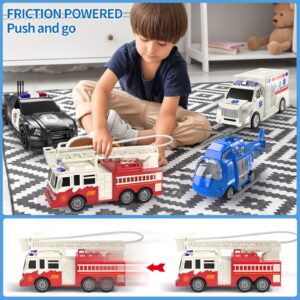 TEMI 4 Pack Emergency Vehicles for Kids, Helicopter, Police Car, Fire Truck, Ambulance Friction Powered Toys for Toddlers, Gifts for Age 3-12 Boys Girls