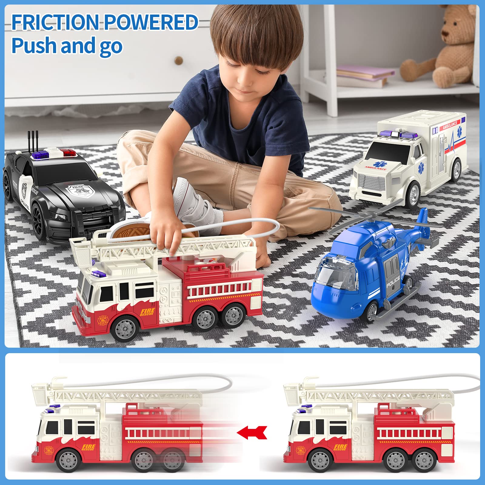 TEMI 4 Pack Emergency Vehicles for Kids, Helicopter, Police Car, Fire Truck, Ambulance Friction Powered Toys for Toddlers, Gifts for Age 3-12 Boys Girls