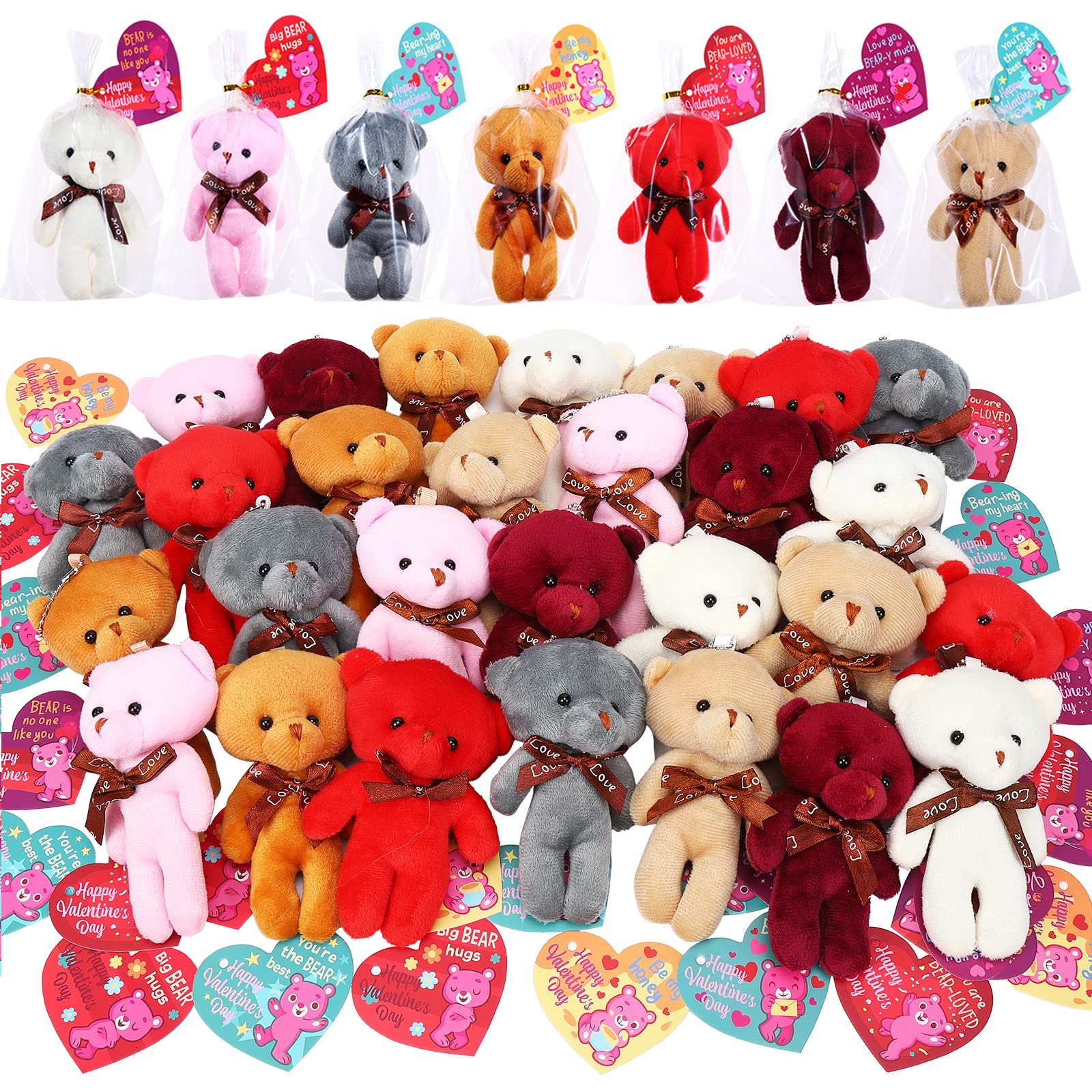 Tedyle 28PCS Valentines Day Gift Cards for Kids with Bear Plush Toys,Mini Stuffed Animal Plush Toys Keychains for Valentines Party Favor Supplies,Classroom Exchange,Game Prizes,Gift for boys girls