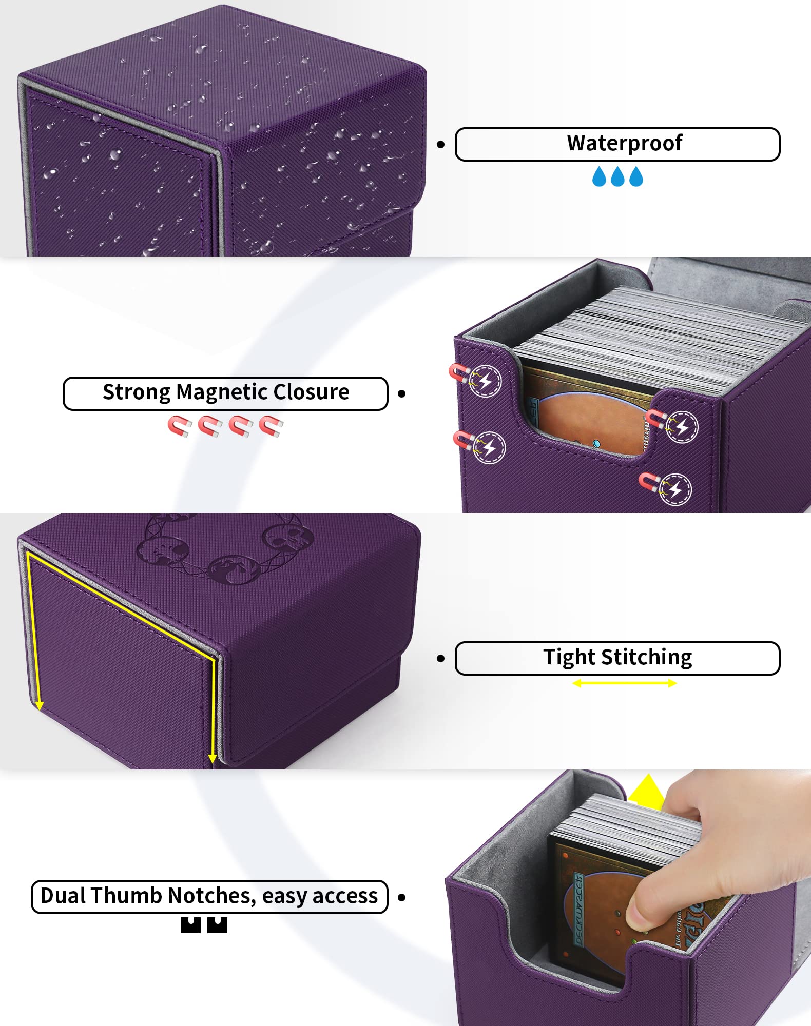 ZLCA Card Deck Box with 2 Dividers for MTG Cards, Large Horizontal Card Storage Box Fits 150+ Single Sleeved Cards, PU Leather Commander Deck box for TCG CCG (Purple)