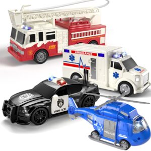 temi 4 pack emergency vehicles for kids, helicopter, police car, fire truck, ambulance friction powered toys for toddlers, gifts for age 3-12 boys girls