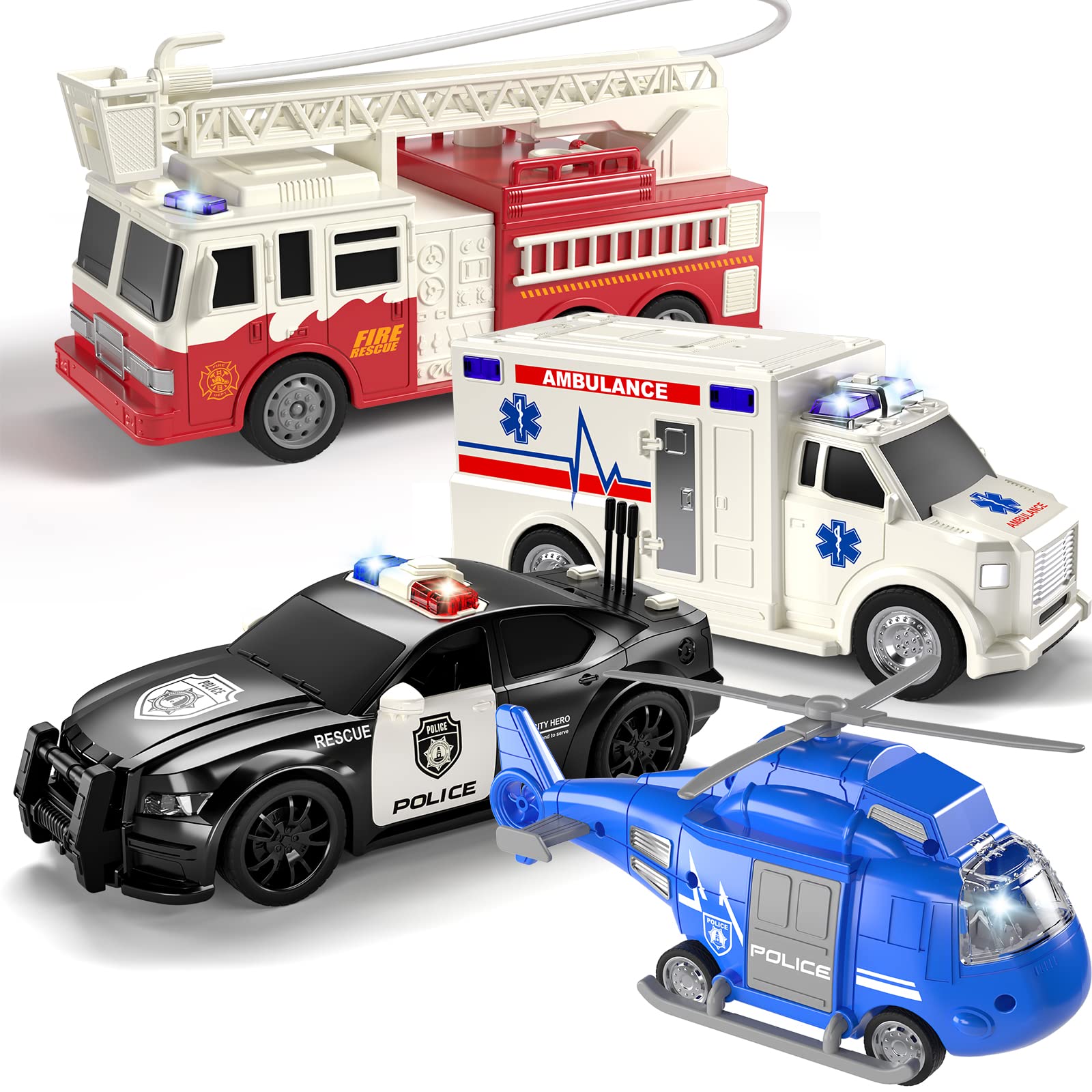 TEMI 4 Pack Emergency Vehicles for Kids, Helicopter, Police Car, Fire Truck, Ambulance Friction Powered Toys for Toddlers, Gifts for Age 3-12 Boys Girls