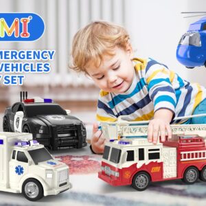 TEMI 4 Pack Emergency Vehicles for Kids, Helicopter, Police Car, Fire Truck, Ambulance Friction Powered Toys for Toddlers, Gifts for Age 3-12 Boys Girls