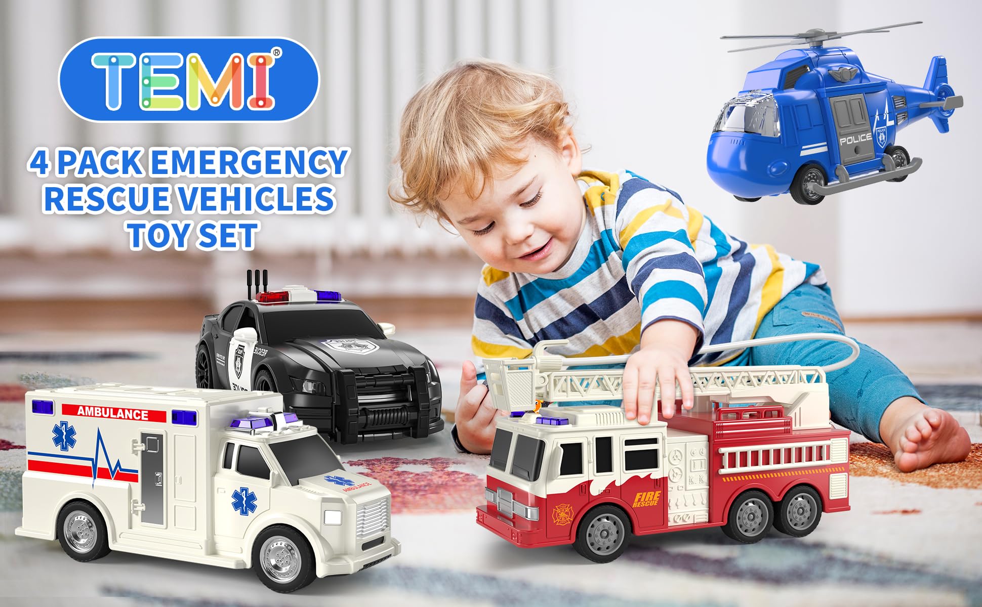 TEMI 4 Pack Emergency Vehicles for Kids, Helicopter, Police Car, Fire Truck, Ambulance Friction Powered Toys for Toddlers, Gifts for Age 3-12 Boys Girls