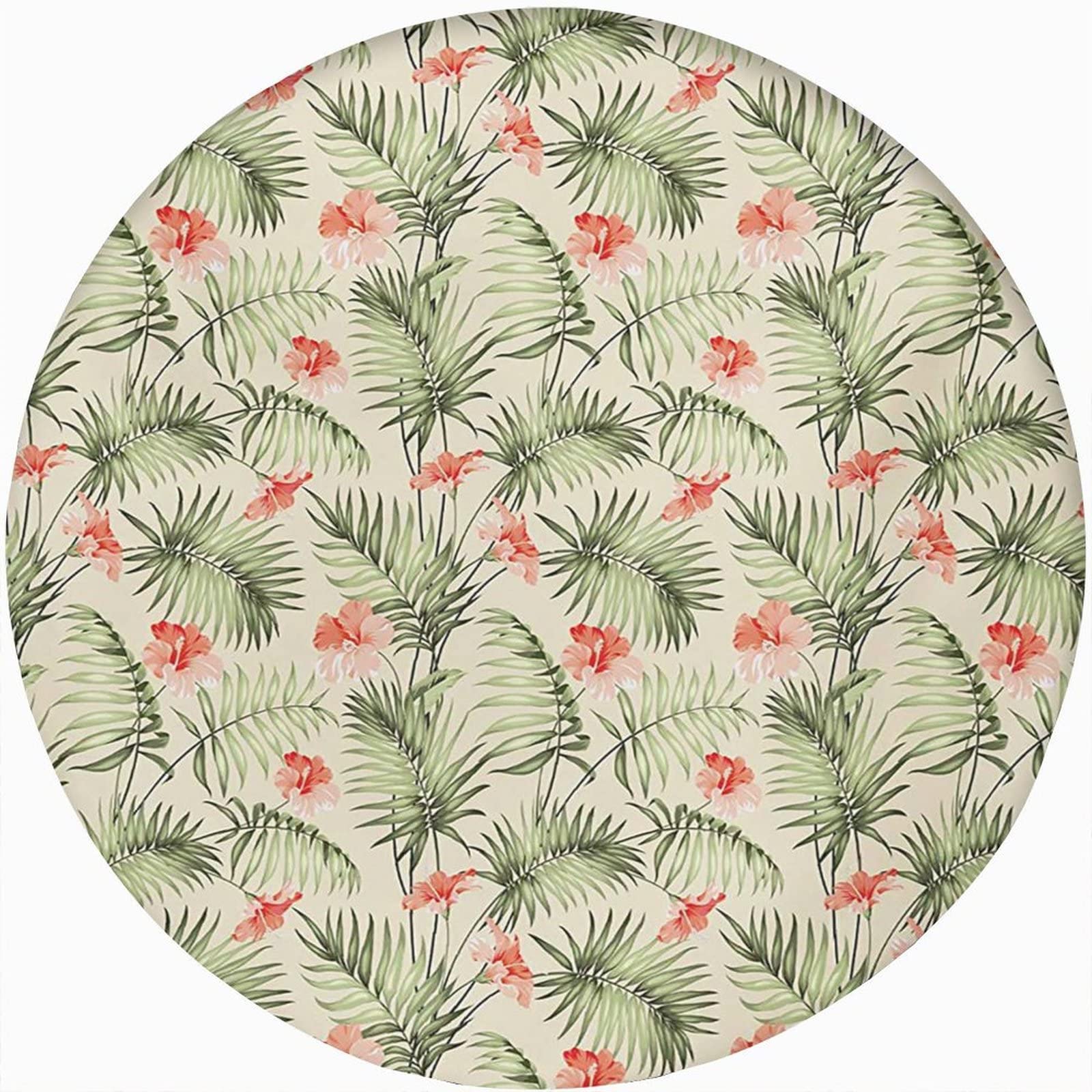 Leaf Round Fitted Tablecloth Cover,Hawaiian Aloha Hibiscus Print Elastic Edged Polyester Fitted Table Cover, XLarge, Fit Round Tables up 59"-63" Diameter, for Kitchen Dining Party Spring Summer