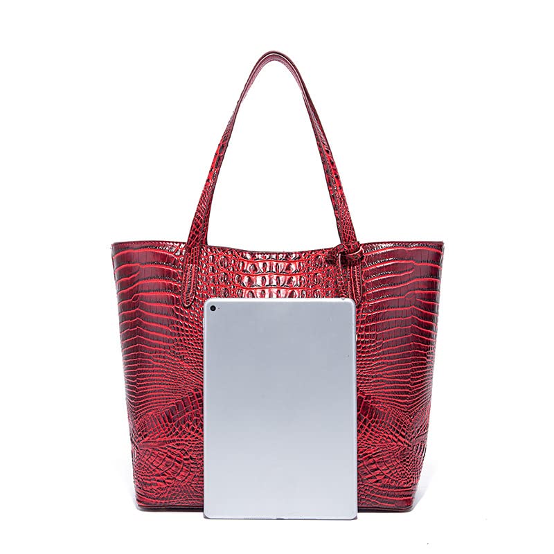 ZOSIVEB Leather Crocodile-Embossed Pattern With Women Handbags Large Tote Shoulder Bag Top Handle Satchel Hobo (Claret)