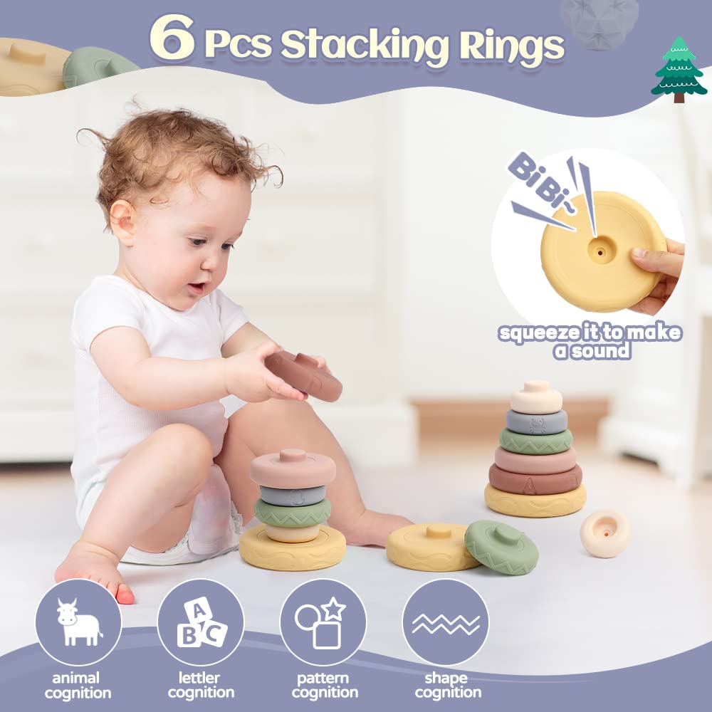 SINOMARS 24pcs Baby Toys 6-12 Months, Montessori Toys for 1 Year Old, Stacking Building Blocks for Toddlers 1-3, Soft Baby Teething Rings Toy for Infant 0-6 Months, Sensory Ball for 0-3-6-9-12 Months