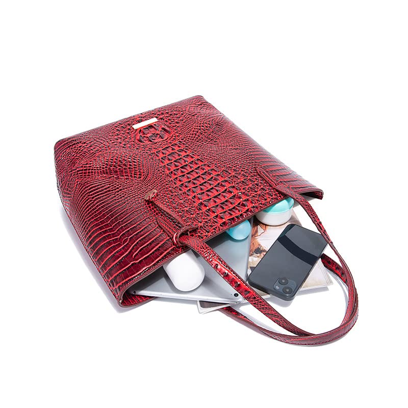 ZOSIVEB Leather Crocodile-Embossed Pattern With Women Handbags Large Tote Shoulder Bag Top Handle Satchel Hobo (Claret)