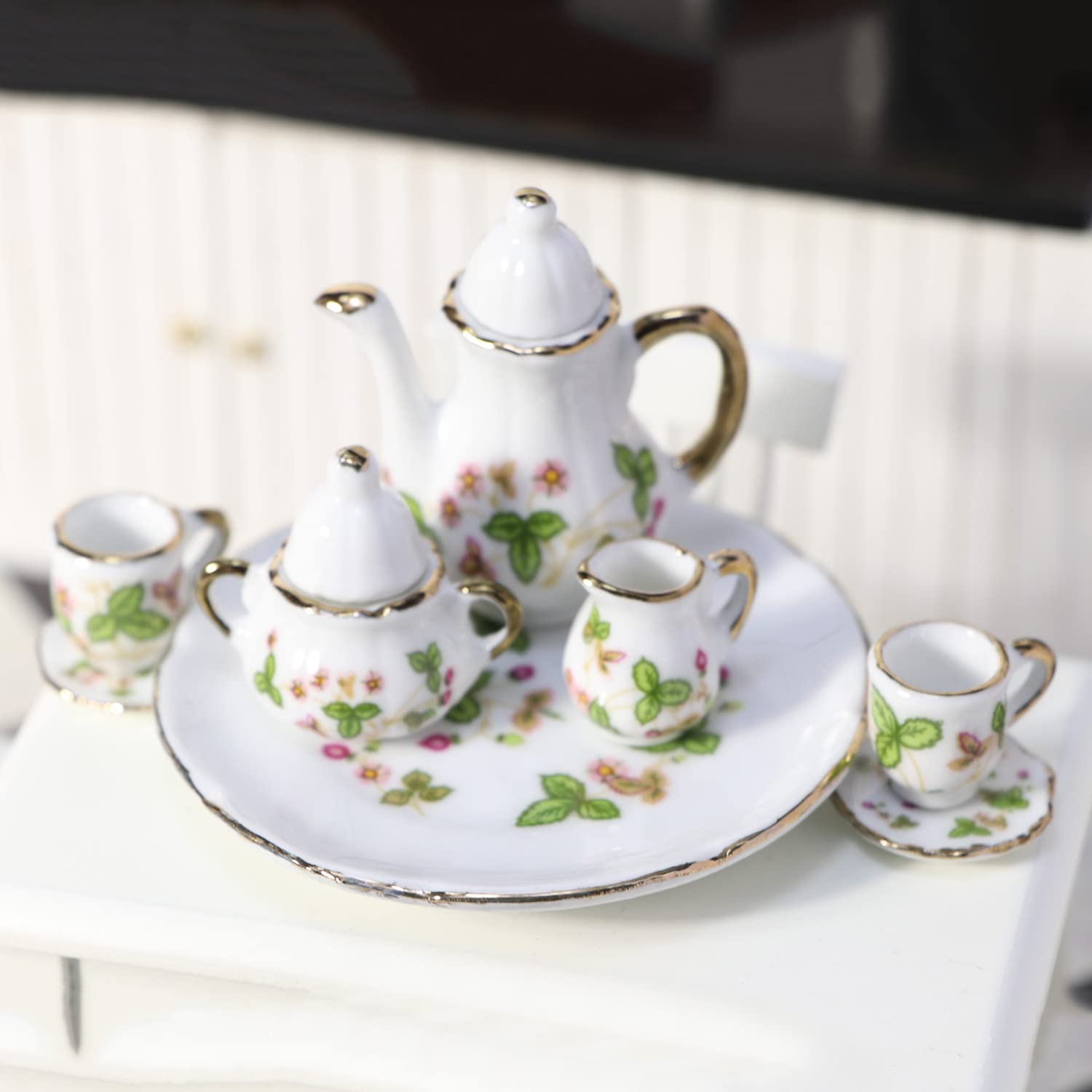 Dollhouse Tea Cup Sets 1:6 Scale Miniature Porcelain Dollhouse Accessories 8PCS Flower Pattern Teapot Platter Dish Sets Dollhouse Kitchen Supplies Decoration (Green)