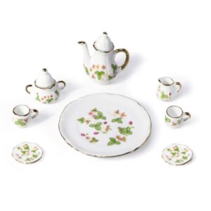 dollhouse tea cup sets 1:6 scale miniature porcelain dollhouse accessories 8pcs flower pattern teapot platter dish sets dollhouse kitchen supplies decoration (green)