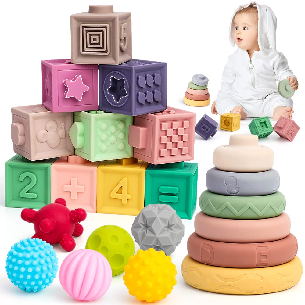 SINOMARS 24pcs Baby Toys 6-12 Months, Montessori Toys for 1 Year Old, Stacking Building Blocks for Toddlers 1-3, Soft Baby Teething Rings Toy for Infant 0-6 Months, Sensory Ball for 0-3-6-9-12 Months