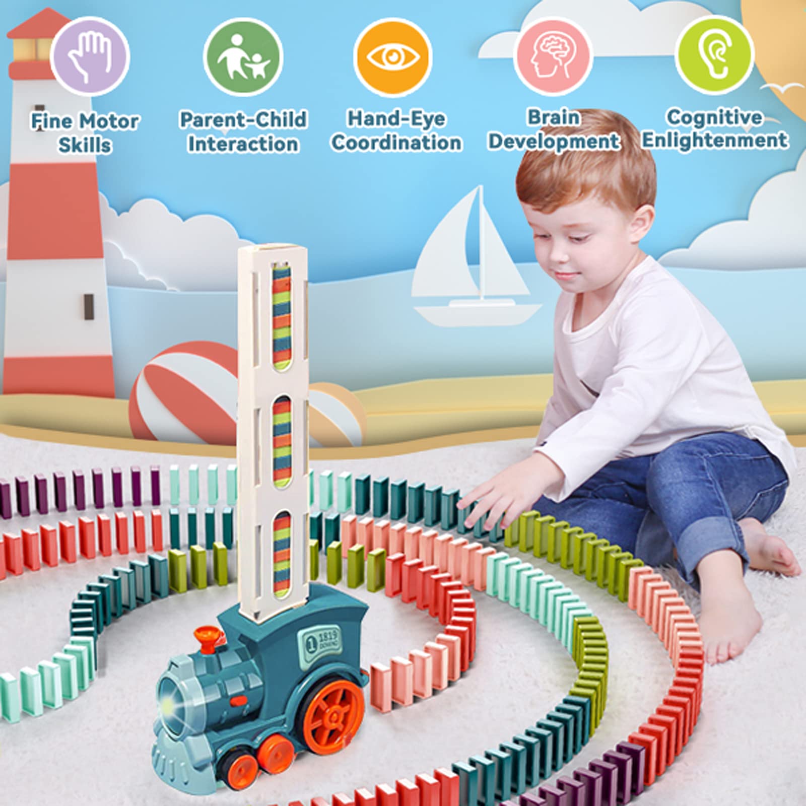 Noaideoi Domino Train Toy Set for Kids, 100 Pcs Automatic Dominoes Blocks Building and Stacking Toys Creative Kids Games Early Education Christmas Birthday Gift Boys Girls Age 3-12(Cyan)