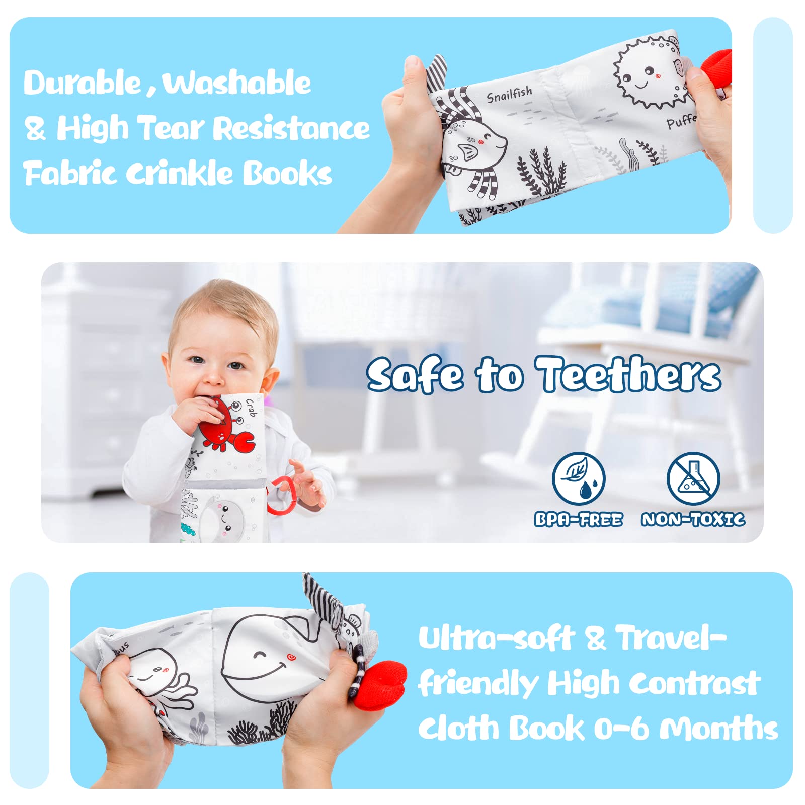 Crinkle Soft Baby Books 0-6 Months, 3D Touch Feel High Contrast Cloth Book Sensory Baby Toys 0-6-12 Months, Early Learning Stroller Toys for Infants Toddler Gifts Toy, Marine Jungle Tails