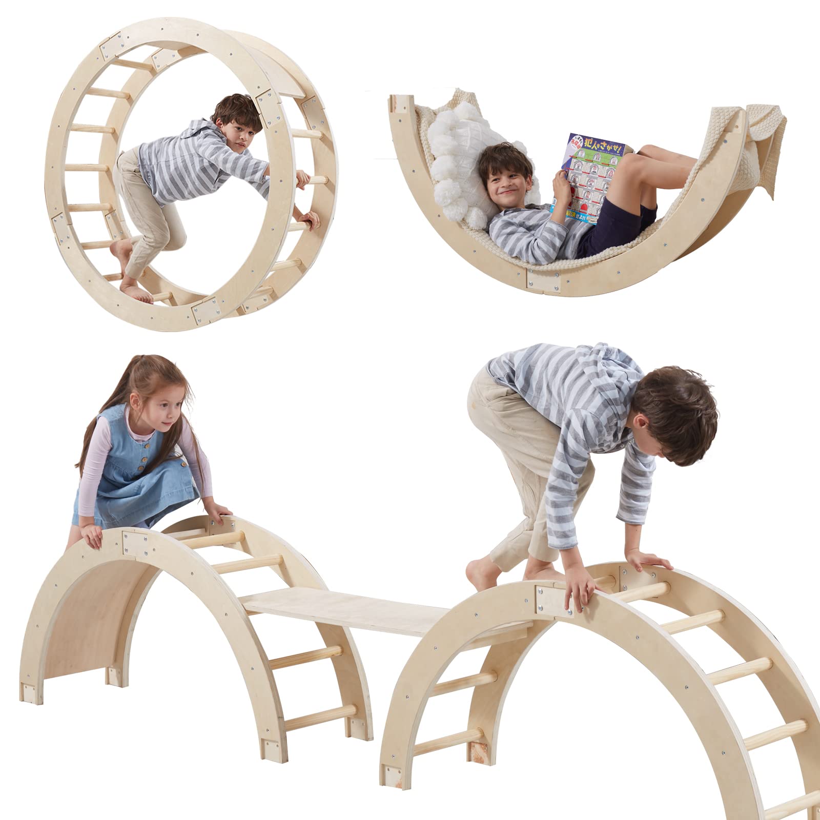 Gaint Bean 8-in-1 Wooden Indoor Arches Climber with Slide- Montessori Gym for Toddlers Kids Climbing Ladder, Eco-Friendly Quadrant Pikler Rocker Ramp Toy for Age 1-7