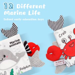 Crinkle Soft Baby Books 0-6 Months, 3D Touch Feel High Contrast Cloth Book Sensory Baby Toys 0-6-12 Months, Early Learning Stroller Toys for Infants Toddler Gifts Toy, Marine Jungle Tails