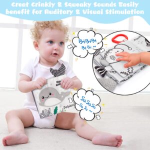 Crinkle Soft Baby Books 0-6 Months, 3D Touch Feel High Contrast Cloth Book Sensory Baby Toys 0-6-12 Months, Early Learning Stroller Toys for Infants Toddler Gifts Toy, Marine Jungle Tails