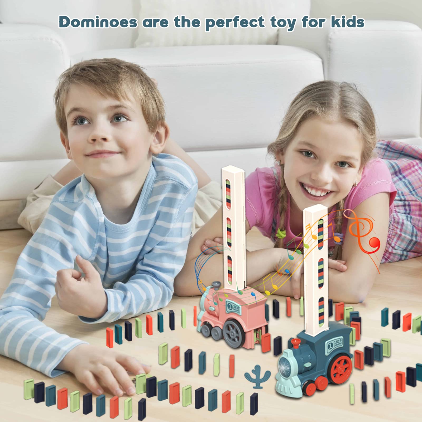 Noaideoi Domino Train Toy Set for Kids, 100 Pcs Automatic Dominoes Blocks Building and Stacking Toys Creative Kids Games Early Education Christmas Birthday Gift Boys Girls Age 3-12(Cyan)