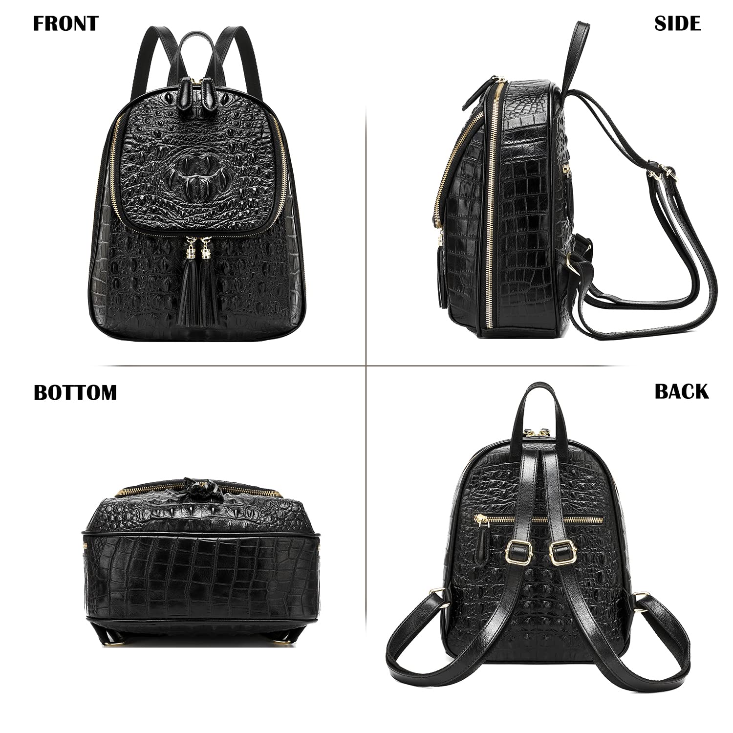 COOLCY Small Crocodile Leather Backpack Purse for Women Designer Ladies Fashion Bag (Black.)