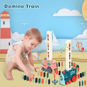 Noaideoi Domino Train Toy Set for Kids, 100 Pcs Automatic Dominoes Blocks Building and Stacking Toys Creative Kids Games Early Education Christmas Birthday Gift Boys Girls Age 3-12(Cyan)