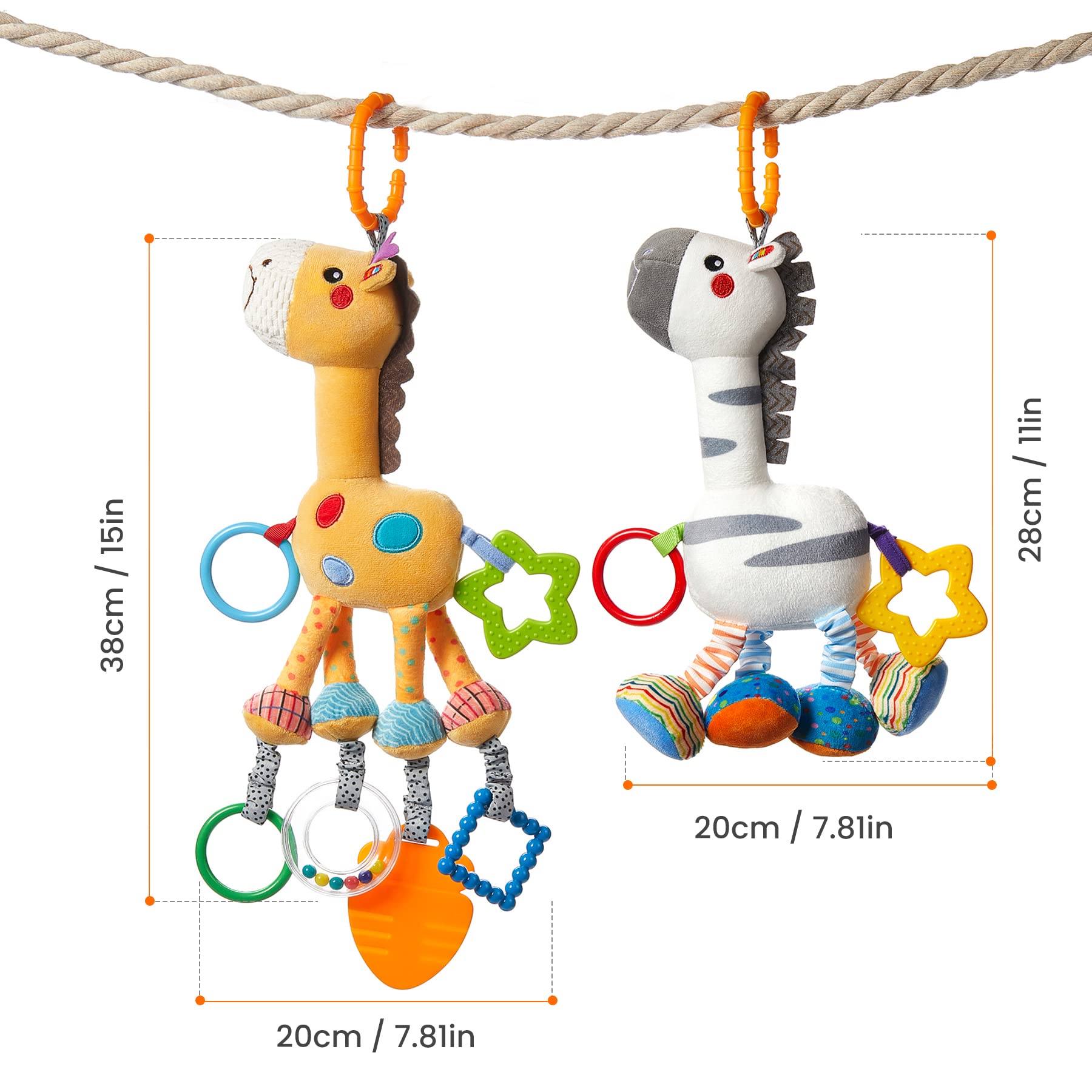 TUMAMA Baby Hanging Toys, 16 inch Plush Animals Baby Rattle Crinkle Squeaky Toys Car Seat Stroller Toys, Baby Toys for 0 3 6 9 12 Months, Sensory Learning Toys Gift for Newborn Infant, 2 Pack