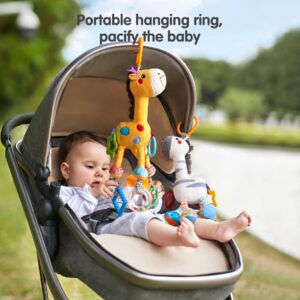 TUMAMA Baby Hanging Toys, 16 inch Plush Animals Baby Rattle Crinkle Squeaky Toys Car Seat Stroller Toys, Baby Toys for 0 3 6 9 12 Months, Sensory Learning Toys Gift for Newborn Infant, 2 Pack