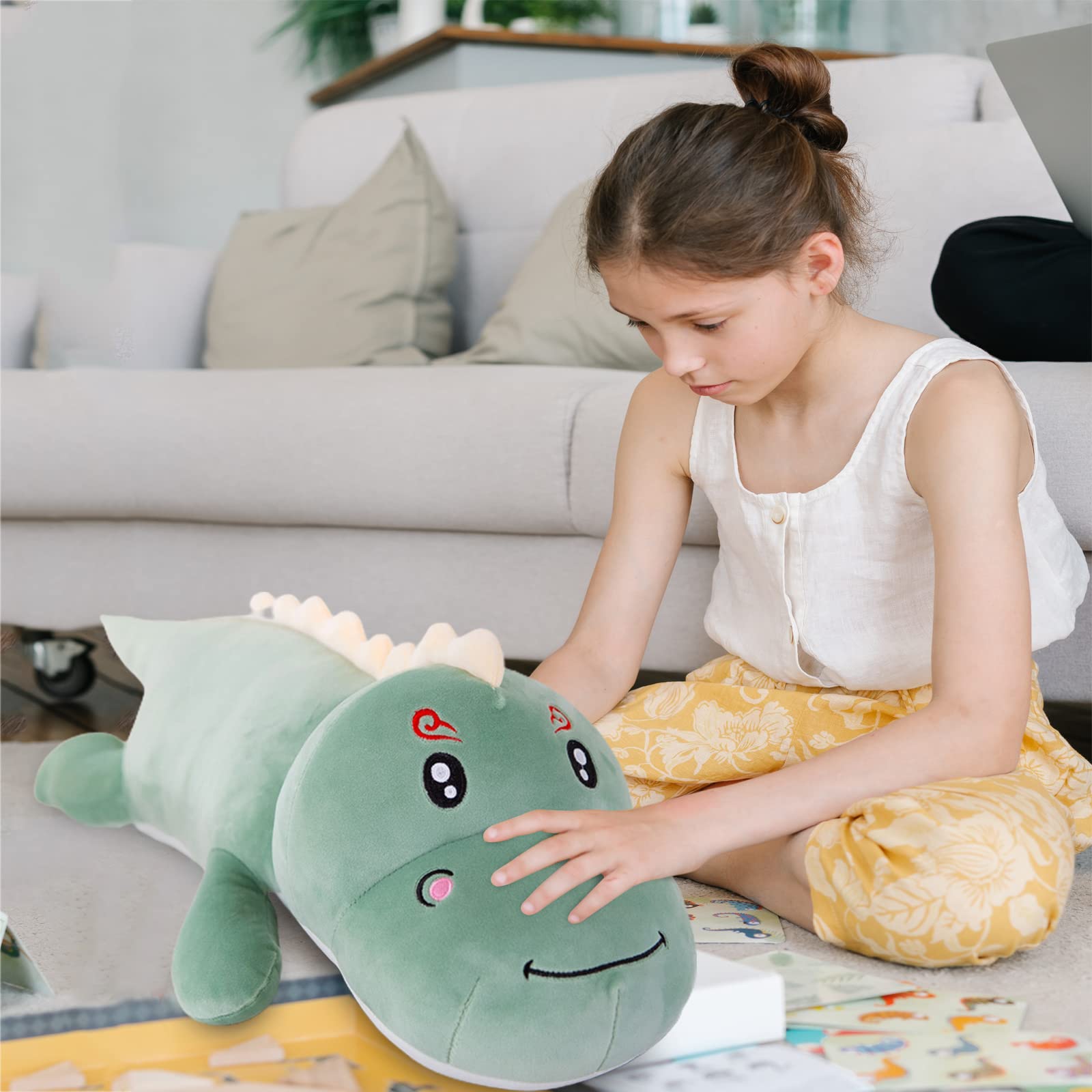 Dinosaur Plush Toy Pillow,Cute Dinosaur Stuffed Animals Doll,Soft Lumbar Back Cushion Big Dinosaur Plushies Stuffed Toy Cute Pillows,Great Gift for Kids Birthday,Valentine (Green,19.6in)