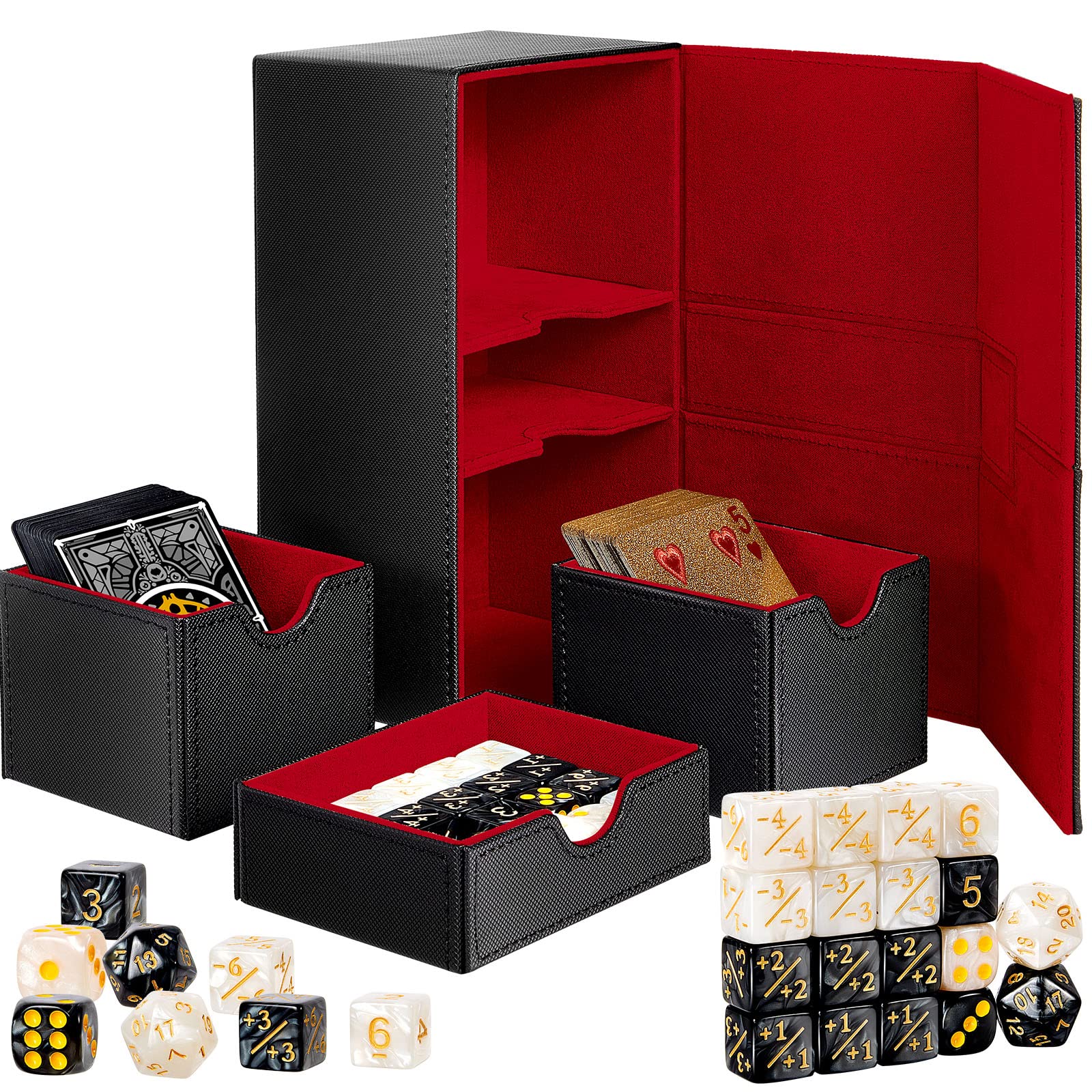 Deekin Deck Card Boxes Cards Deck Game Box Compatible with MTG TCG CCG Commander Deck Playing Card Case Card Deck Holder 3 Tray for 220+ Sleeved Cards with 18 Dice 8" x 4.5" x 3.4" (Red Black)