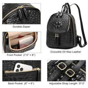 COOLCY Small Crocodile Leather Backpack Purse for Women Designer Ladies Fashion Bag (Black.)