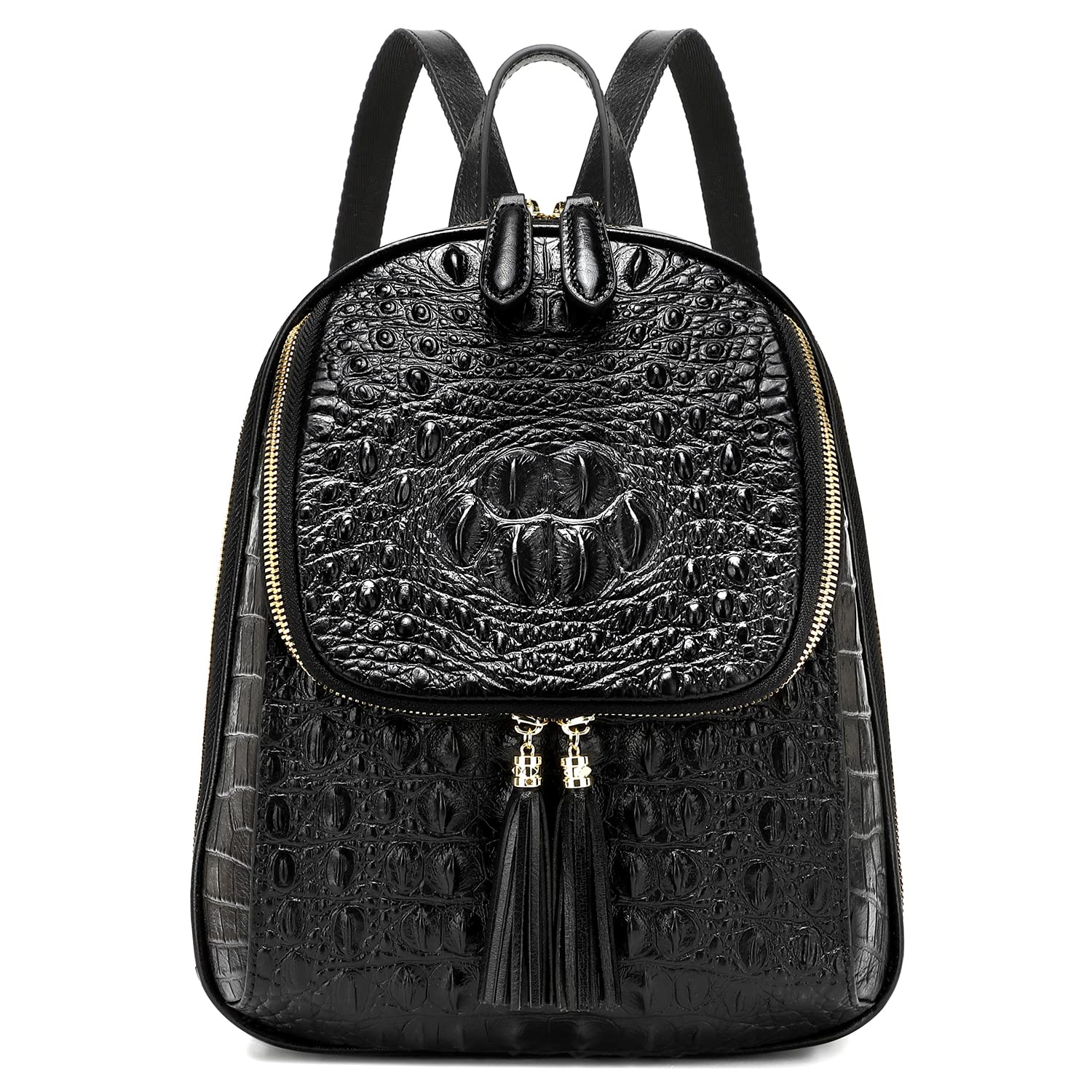 COOLCY Small Crocodile Leather Backpack Purse for Women Designer Ladies Fashion Bag (Black.)