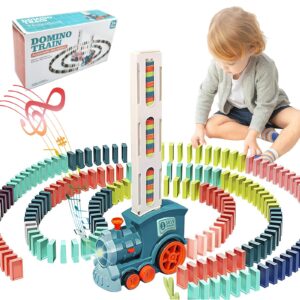 Noaideoi Domino Train Toy Set for Kids, 100 Pcs Automatic Dominoes Blocks Building and Stacking Toys Creative Kids Games Early Education Christmas Birthday Gift Boys Girls Age 3-12(Cyan)