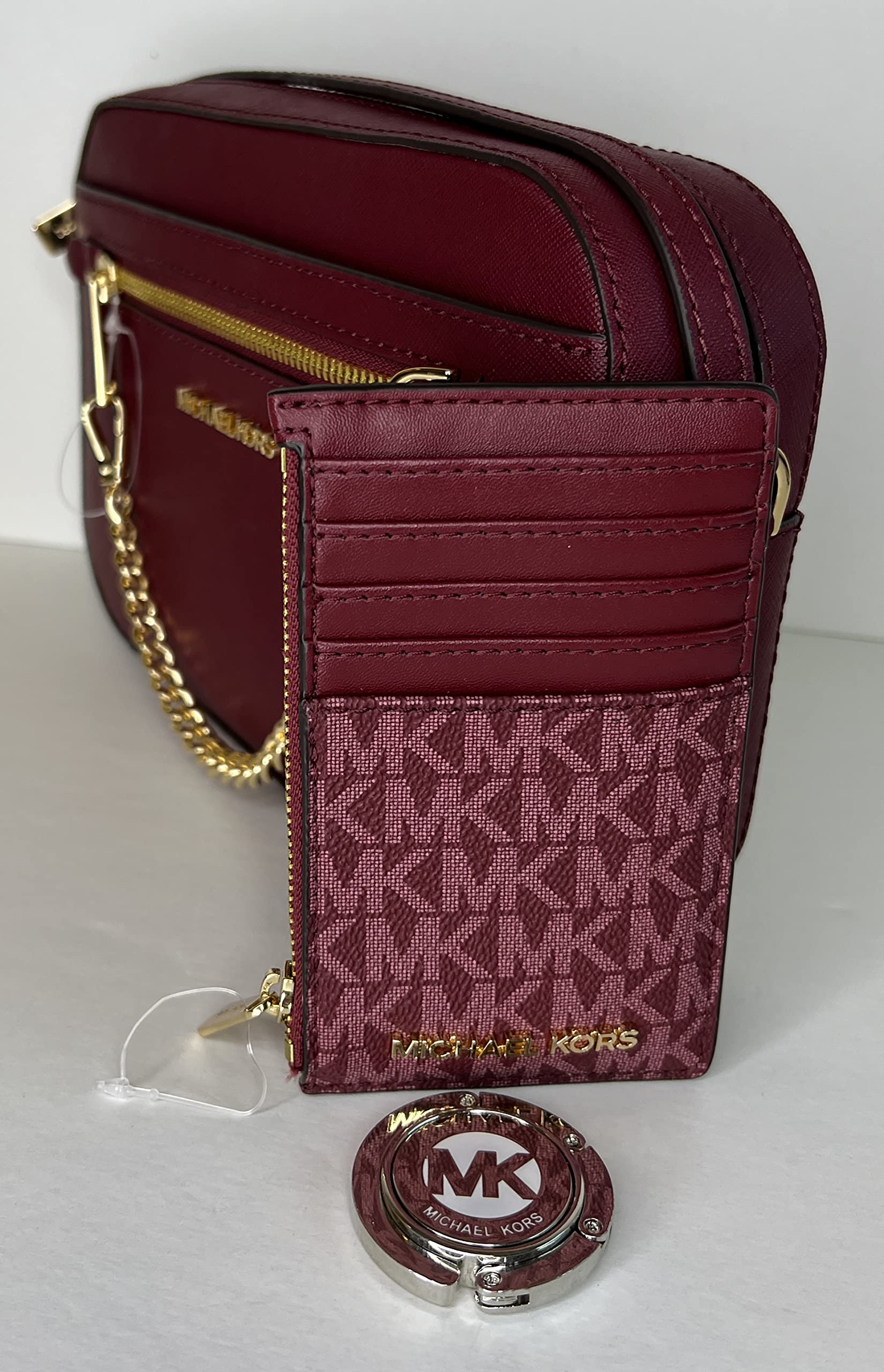 Michael Kors Jet Set Large Chain Crossbody Bag bundled with with SM TZ Coinpouch Wallet Purse Hook (Mulberry/Signature MK Mulberry