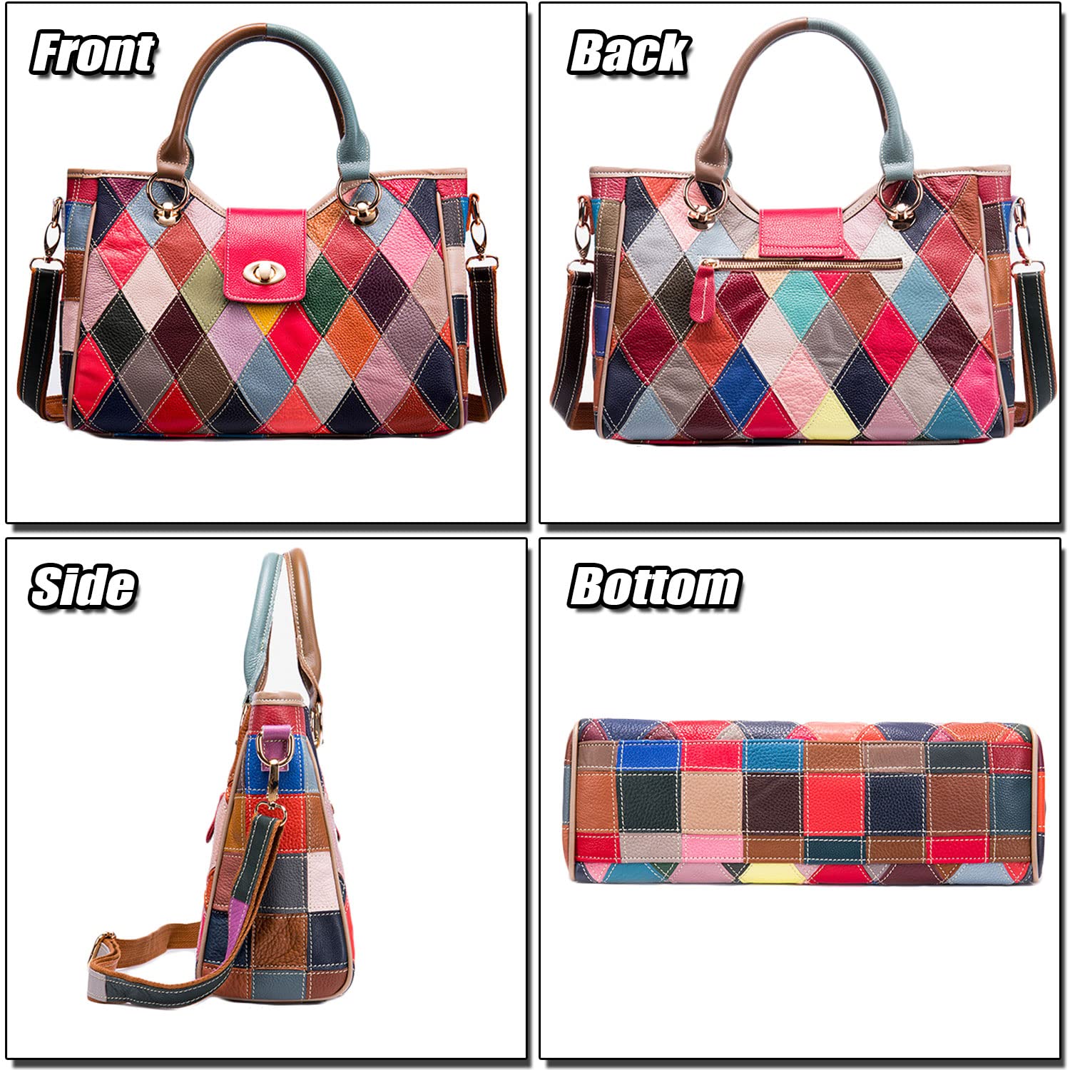 Women's Top-handle Handbag with Colorful Patchwork Design, Stylish Leather Crossbody Shoulder Bag Purse Tote Bag for Lady