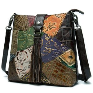 women's vintage patchwork shoulder bag, retro flower embossed leather crossbody bag purse, casual medium handbag for lady