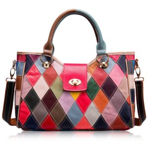 women's top-handle handbag with colorful patchwork design, stylish leather crossbody shoulder bag purse tote bag for lady