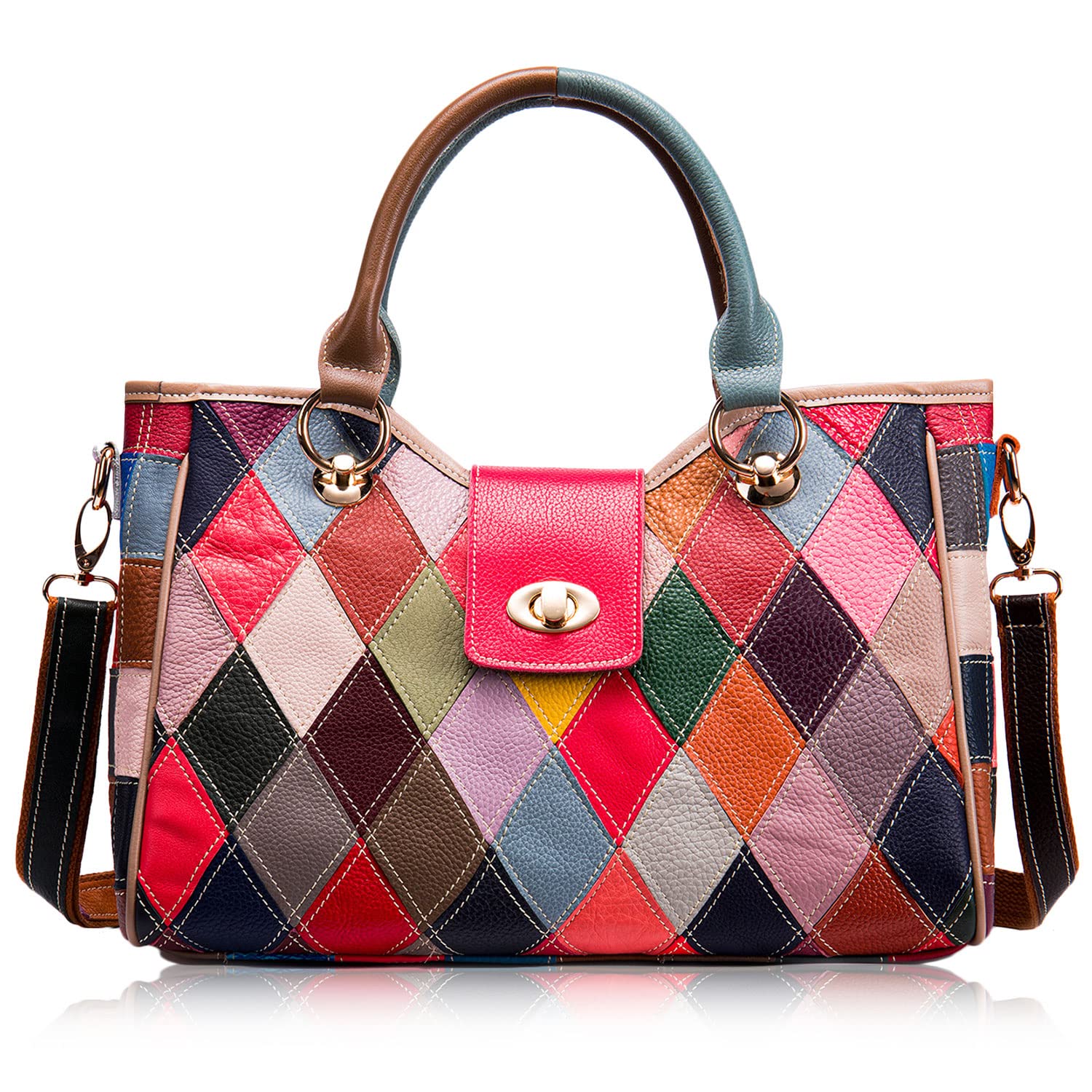 Women's Top-handle Handbag with Colorful Patchwork Design, Stylish Leather Crossbody Shoulder Bag Purse Tote Bag for Lady