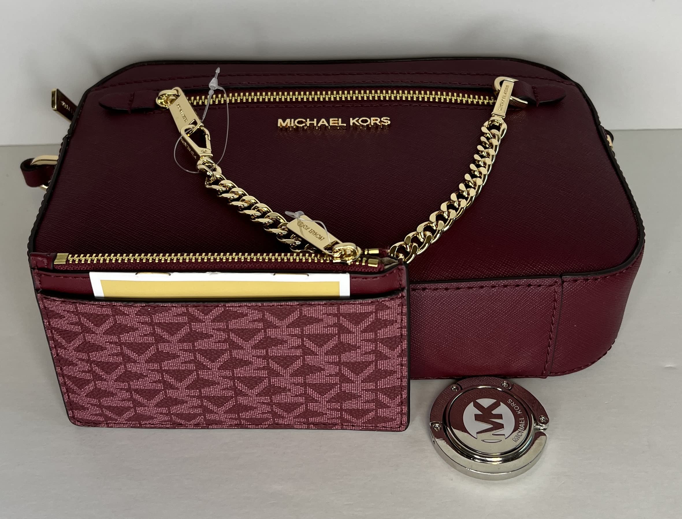 Michael Kors Jet Set Large Chain Crossbody Bag bundled with with SM TZ Coinpouch Wallet Purse Hook (Mulberry/Signature MK Mulberry