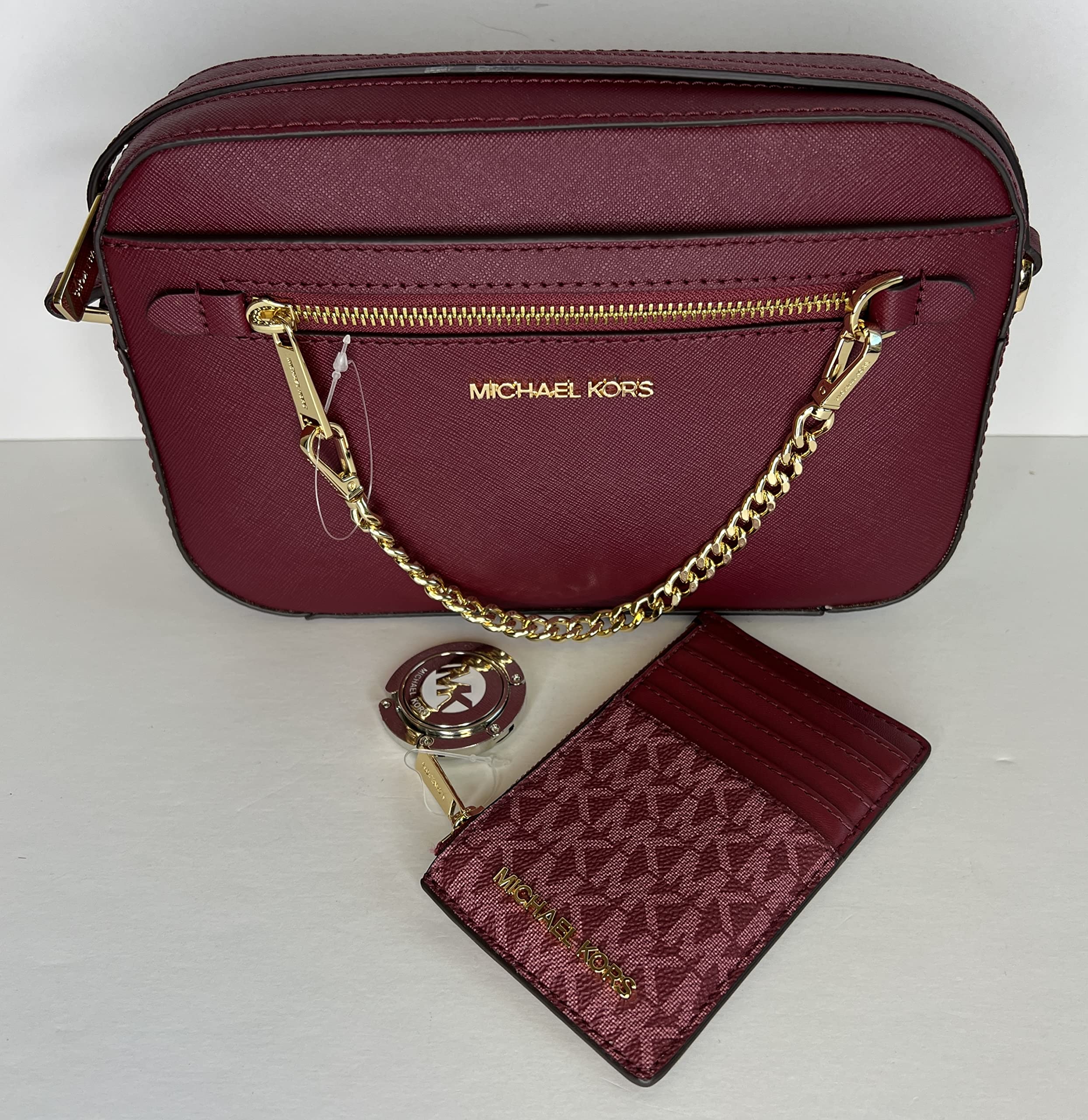 Michael Kors Jet Set Large Chain Crossbody Bag bundled with with SM TZ Coinpouch Wallet Purse Hook (Mulberry/Signature MK Mulberry