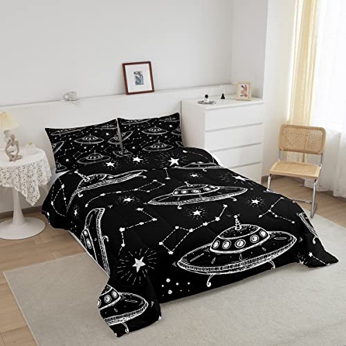 Spaceship Comforter Set King Size,Starry Galaxy Universe Bedding Set for Kids Boys Home Room,12 Constellation Quilt Set Fantasy Black Duvet Insert with 2 Pillowcases