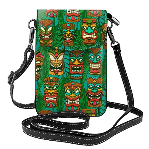 Tiki Idols And Palm Leaves Crossbody Cell Phone Purse Women Pu Crossbody Bag Small Crossbody Wallet Purse Shoulder Bag