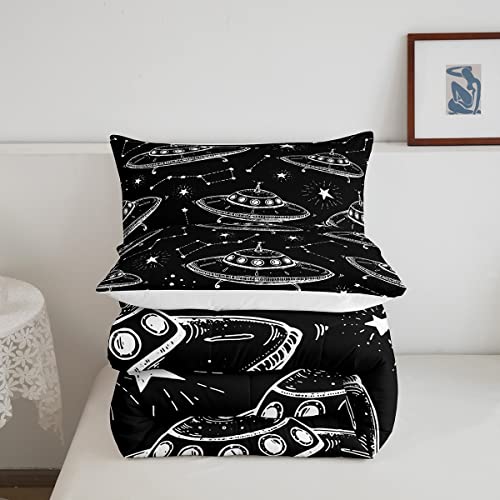 Spaceship Comforter Set King Size,Starry Galaxy Universe Bedding Set for Kids Boys Home Room,12 Constellation Quilt Set Fantasy Black Duvet Insert with 2 Pillowcases