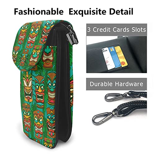 Tiki Idols And Palm Leaves Crossbody Cell Phone Purse Women Pu Crossbody Bag Small Crossbody Wallet Purse Shoulder Bag