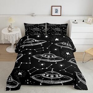 Spaceship Comforter Set King Size,Starry Galaxy Universe Bedding Set for Kids Boys Home Room,12 Constellation Quilt Set Fantasy Black Duvet Insert with 2 Pillowcases